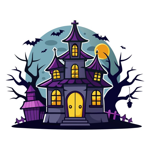 Colorida casa embrujada con murciélagos y luna Ilustración de dibujos animados de Halloween