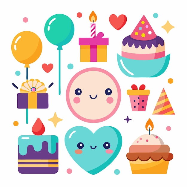 Colorida celebración de cumpleaños gráfico con pastel globos regalos y una cara sonriente