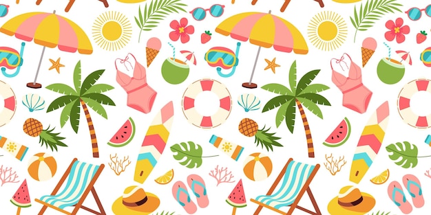 una colorida colección de artículos con temática de playa, incluida una silla de playa, un paraguas y un paraguasa
