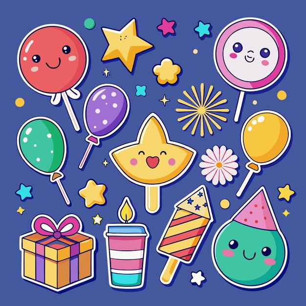 Una colorida colección de bonitas pegatinas de dibujos animados en un fondo azul Las pegatinas incluyen globos estrellas una piruleta una vela un fuego artificial y una caja de regalos