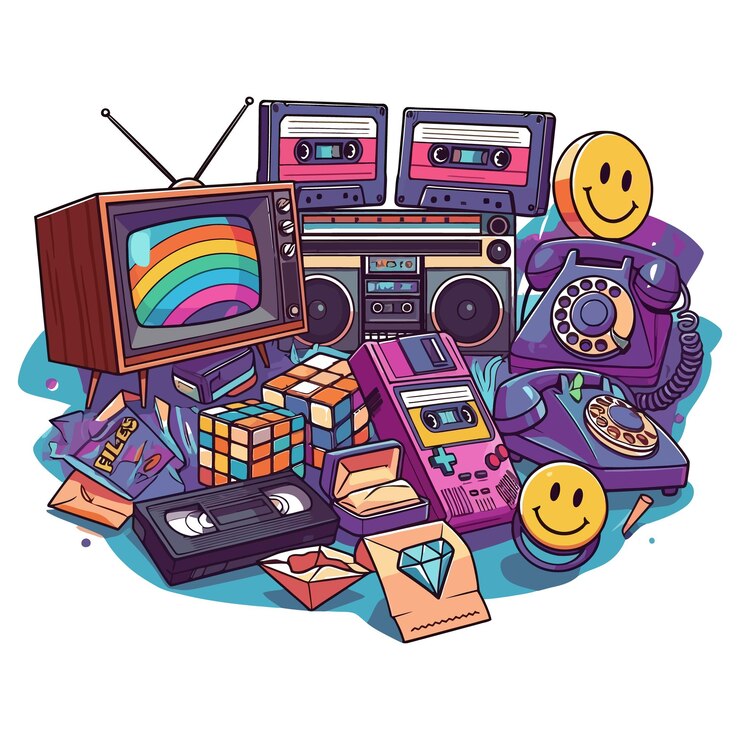 Una colorida colección de diversión de los años 80 y 90 auriculares patines de rodillos un Walkman piruletas vectorial