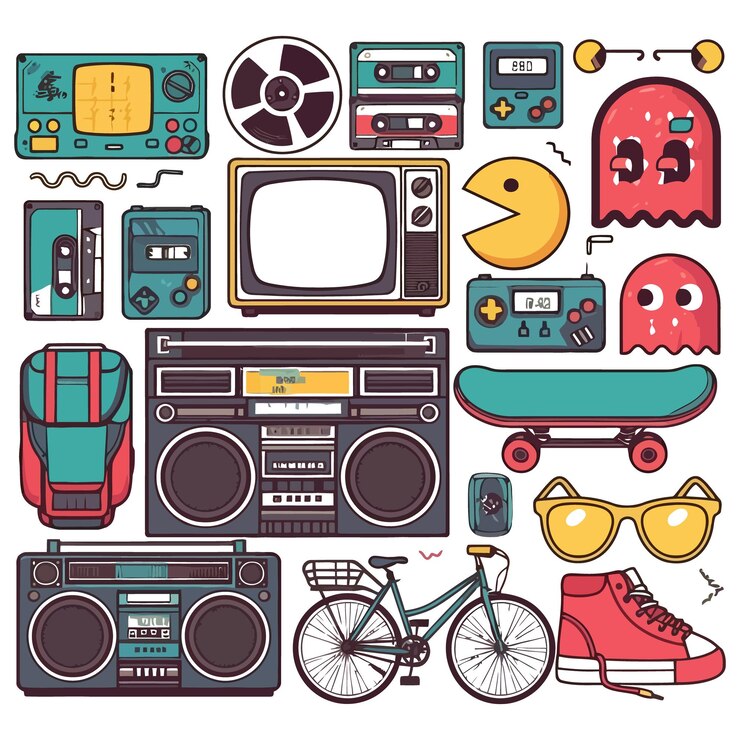 Una colorida colección de diversión de los años 80 y 90 auriculares patines de rodillos un Walkman piruletas vectorial