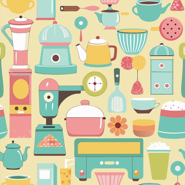 una colorida colección de electrodomésticos de cocina, incluida una tetera, una tetera y una tetera