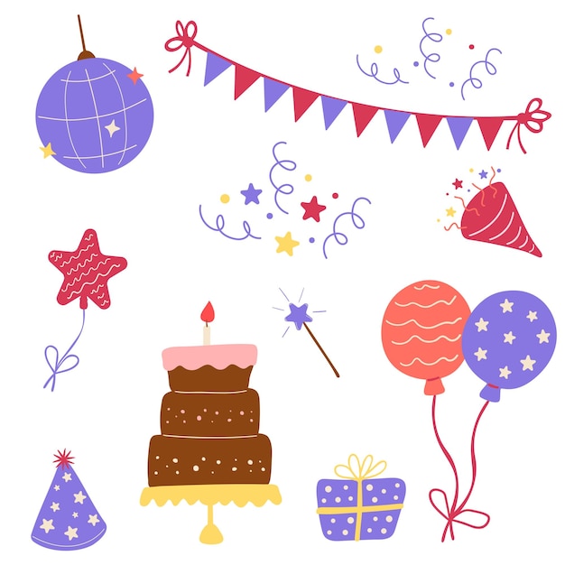Una colorida colección de elementos vectoriales para una celebración de cumpleaños que incluye un pastel con una vela