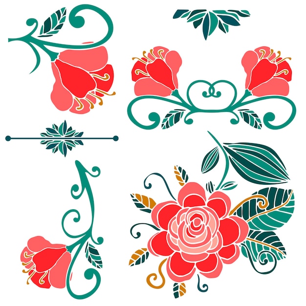 Colorida colección floral de lindos elementos de diseño rosa, verde y dorado. Flores de fantasía del paraíso