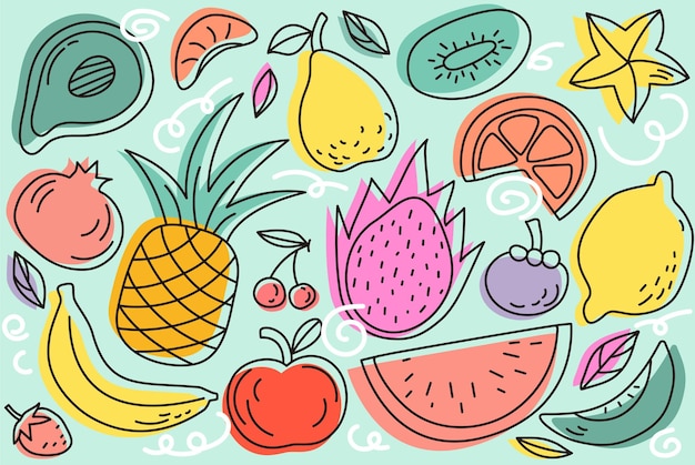 Vector una colorida colección de frutas y verduras.