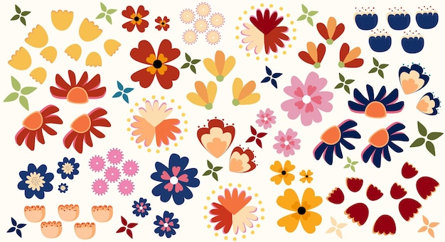 Una colorida colección de ilustraciones florales con varias formas de flores pétalos y hojas