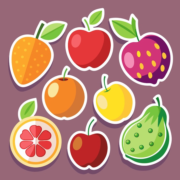 Una colorida colección de ocho pegatinas de frutas manzana naranja pomelo papaya y tres tipos diferentes de manzanas