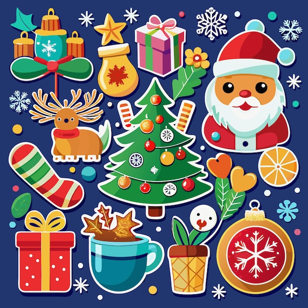 Una colorida colección de pegatinas navideñas con Santa, un reno, un árbol de Navidad, regalos y adornos.