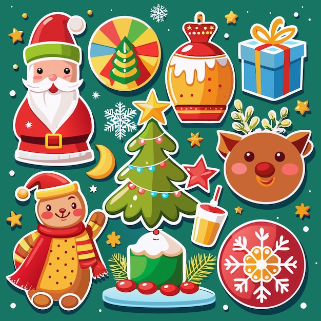 Una colorida colección de pegatinas con temas navideños con Santa Claus, renos, un árbol de Navidad, un regalo, un hombre de pan de jengibre y otros elementos festivos.