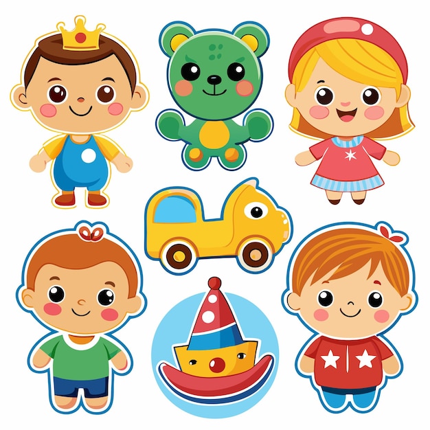 Una colorida colección de personajes de dibujos animados incluyendo un niño con una corona una chica con un sombrero rojo un oso de peluche verde un coche amarillo un payaso y otros dos niños