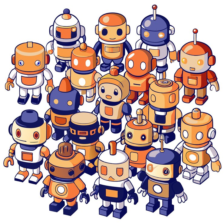 Vector una colorida colección de robots al estilo de los dibujos animados en varios diseños