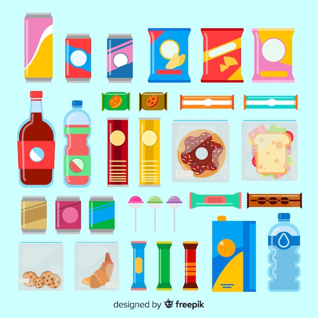Colorida colección de snacks con diseño plano.