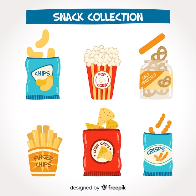 Colorida colección de snacks con diseño plano.