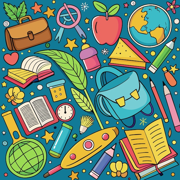 Vector una colorida colección de suministros escolares, incluido un libro con la palabra escuela en la parte inferior