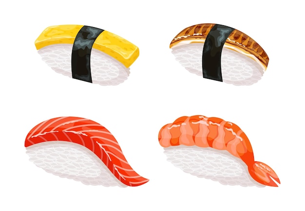 Colorida comida japonesa realista con diferentes sushi y rollos.