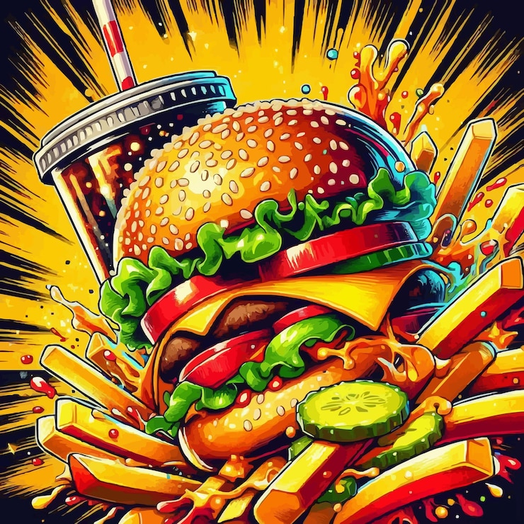Vector colorida comida rápida de dibujos animados con hamburguesas fritas e ilustración de refresco