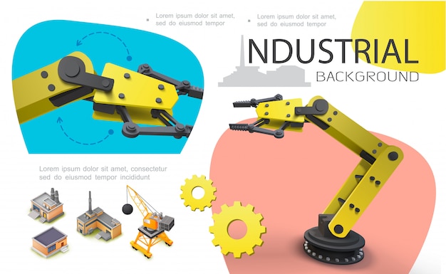 Vector colorida composición industrial con brazos robóticos mecánicos realistas construcción isométrica grúas edificios de fabricación y almacén