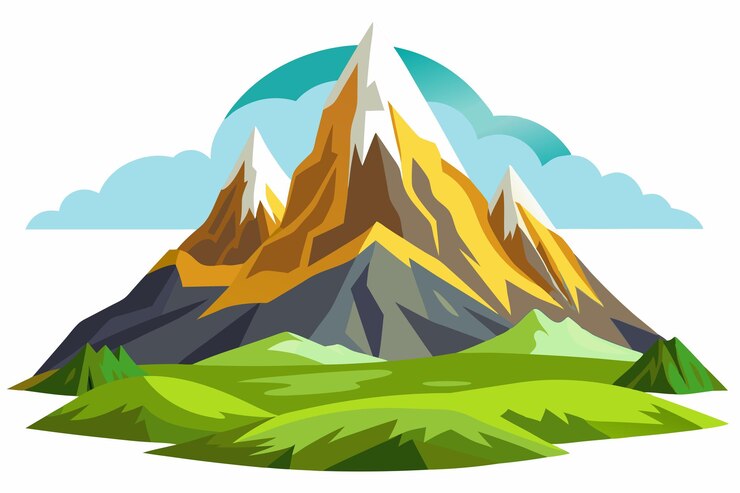 Vector una colorida cordillera estilizada con picos cubiertos de nieve y colinas verdes y exuberantes