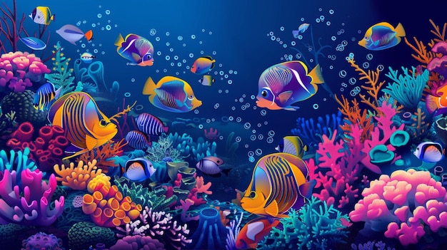 Vector una colorida escena submarina con coloridos peces tropicales y corales