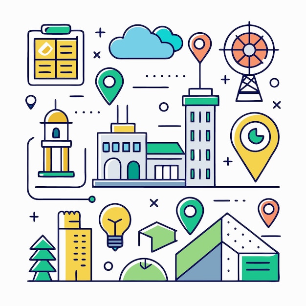 Una colorida ilustración de arte de líneas que muestra diferentes edificios de la ciudad e íconos que representan diferentes aspectos de la vida urbana