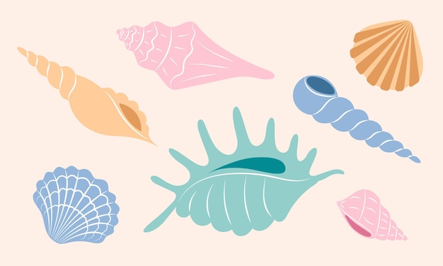 Una colorida ilustración de conchas marinas sobre un fondo rosa