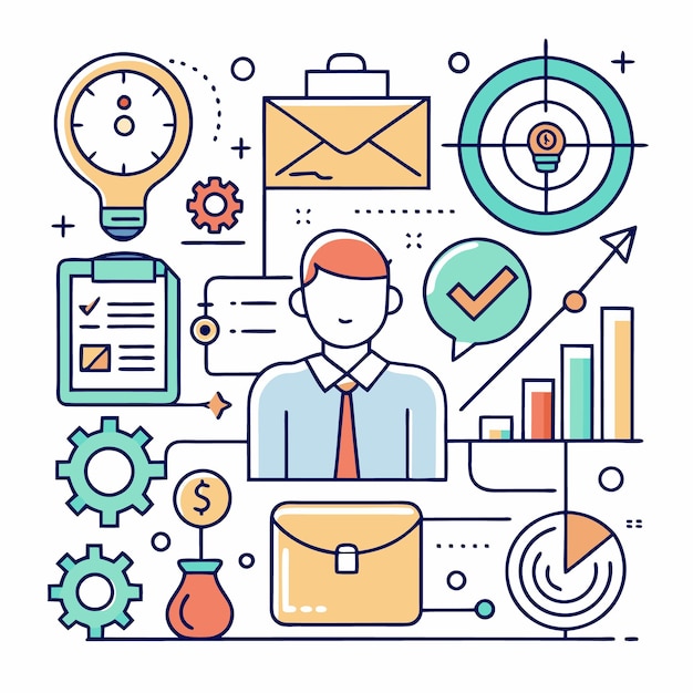 Una colorida ilustración de dibujo de líneas de un hombre de negocios rodeado de iconos que representan varios aspectos del negocio, como la gestión del tiempo, el establecimiento de objetivos, la comunicación, la productividad y el crecimiento.