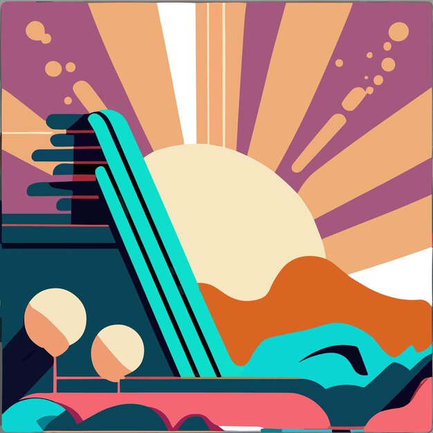 Vector una colorida ilustración de un edificio con una puesta de sol de fondo.