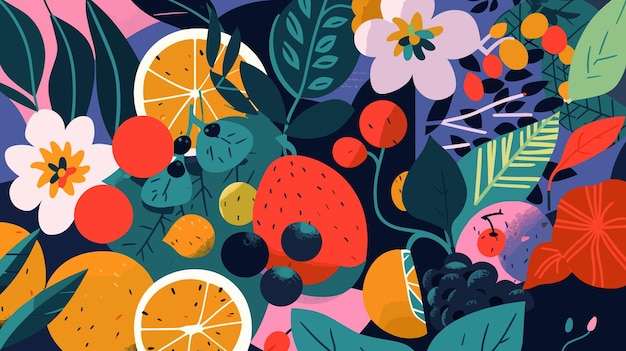 Una colorida ilustración de frutas y bayas.