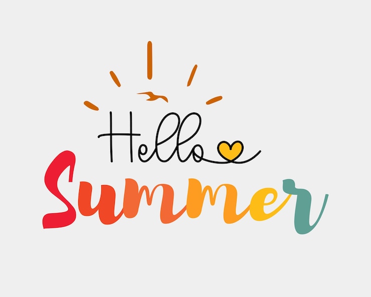 Vector una colorida ilustración de un hola verano con el sol brillando y el corazón sobre un fondo blanco.