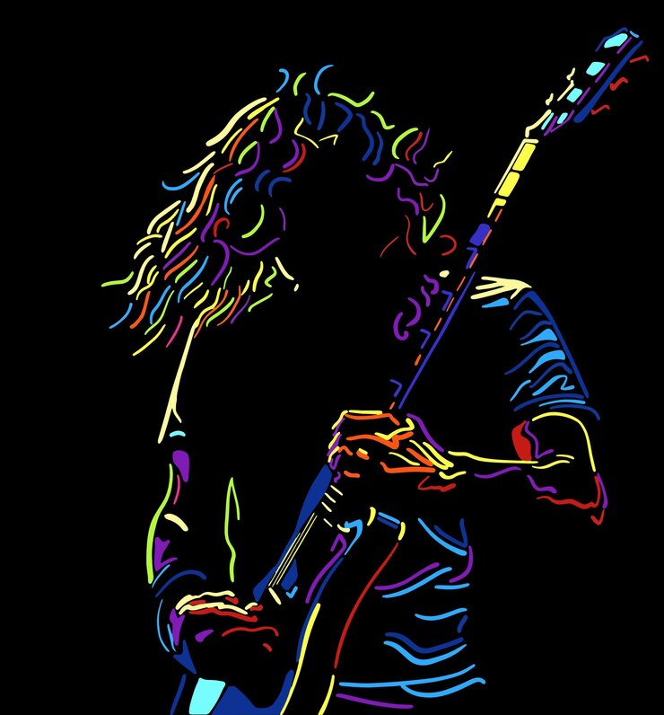 Vector una colorida ilustración de un hombre tocando una guitarra.