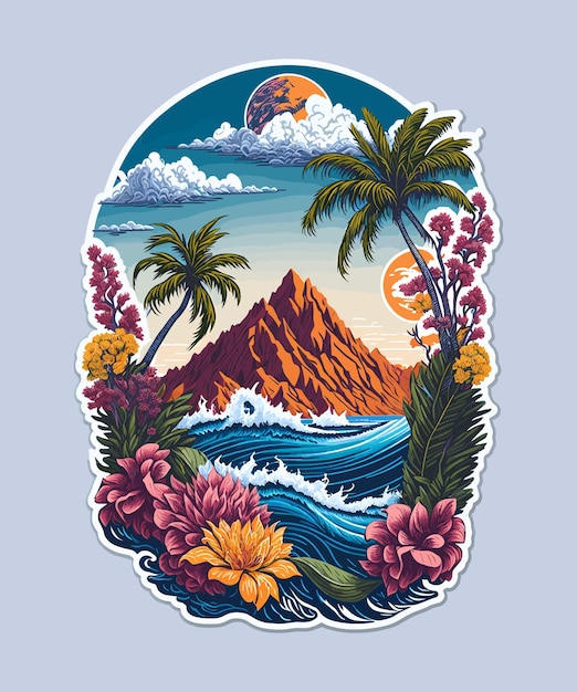 Una colorida ilustración de una isla tropical con un volcán y palmeras.