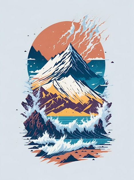 Una colorida ilustración de montañas y el sol.