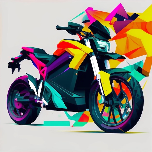 Una colorida ilustración de una motocicleta con un diseño triangular en la parte delantera.