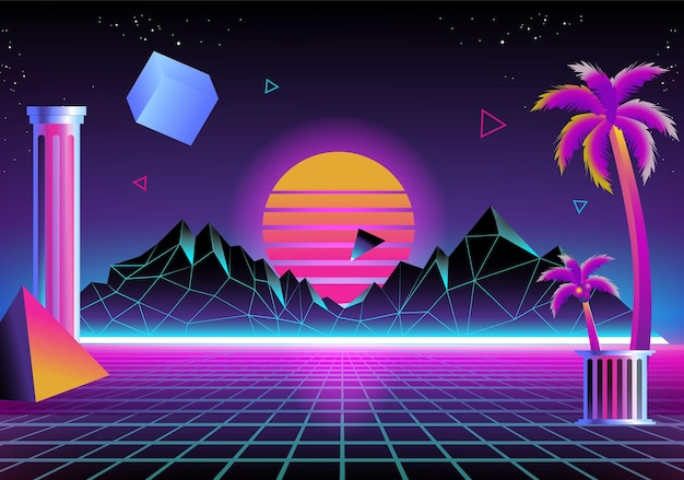 una colorida ilustración de ondas de vapor de un paisaje montañoso con palmeras