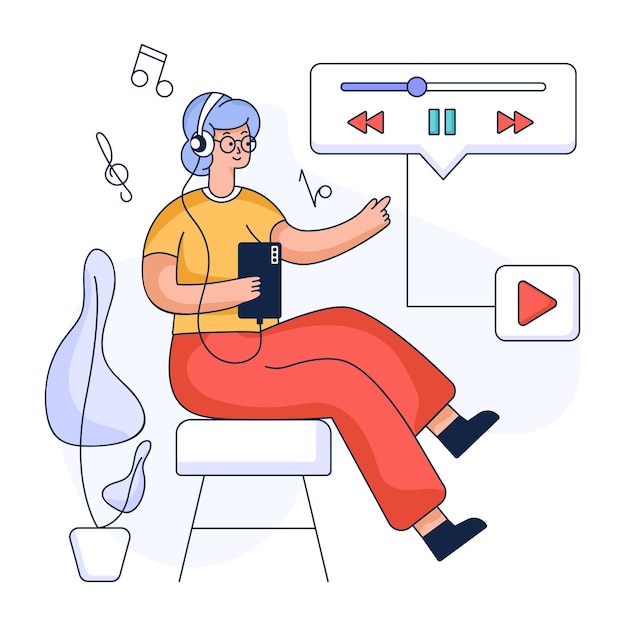 Una colorida ilustración plana del oyente de podcast