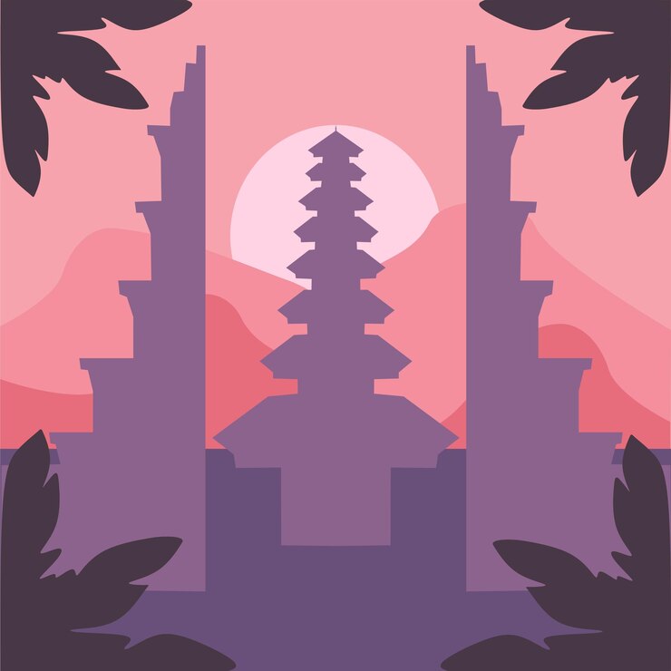 Una colorida ilustración de un templo con una montaña al fondo.