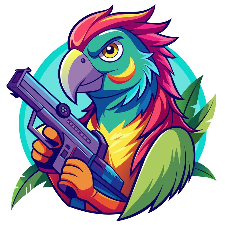 Vector una colorida imagen de dibujos animados de un loro colorido sosteniendo un arma