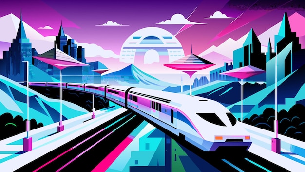 Vector una colorida imagen de dibujos animados de un tren que pasa por una ciudad