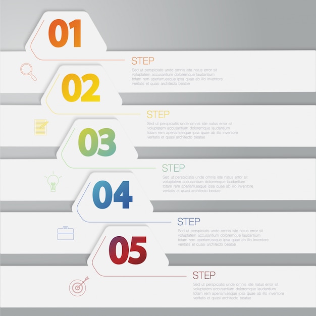 Colorida infografía horizontal, ilustración con opciones, cuadro de texto