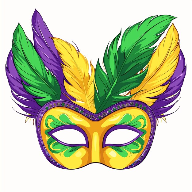 Vector una colorida máscara de mardi gras con plumas y una base verde y púrpura