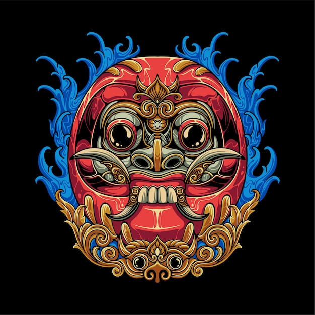 Colorida mezcla japonesa de daruma con máscara balinesa Rangda con adornos y fondo de agua