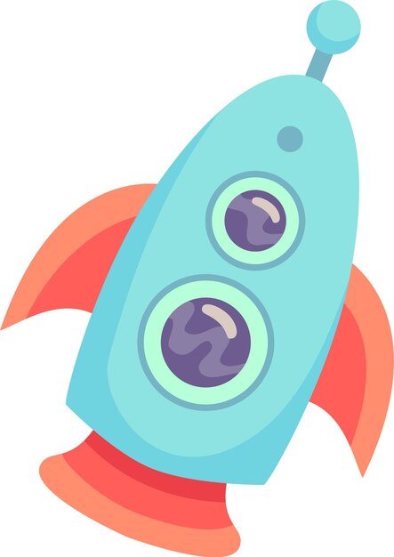 Una colorida nave cohete de dibujos animados que vuela por el espacio con dos ventanas redondas y tres aletas rojas que representan la exploración espacial, los viajes futuristas y el avance tecnológico.