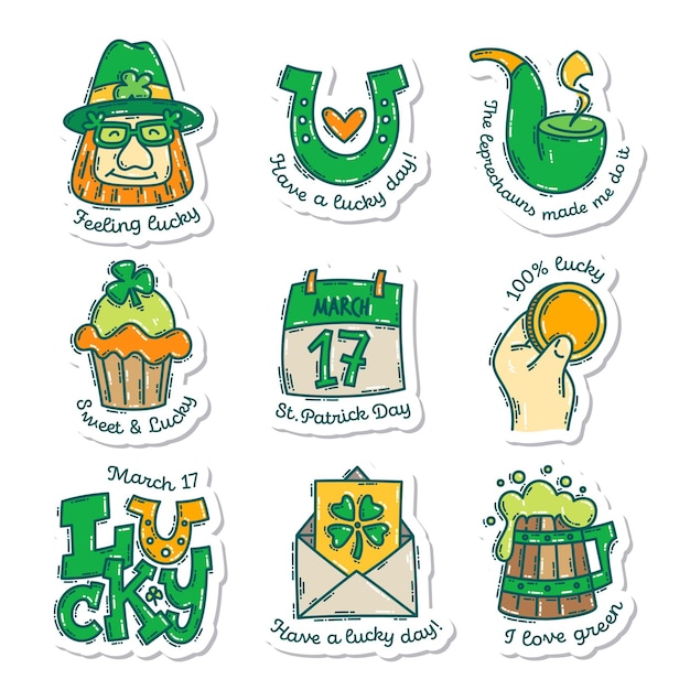 Vector colorida pegatina dibujada a mano con el estilo de garabato del día de san patricio con letras linda colección de elementos y símbolos festivos irlandeses