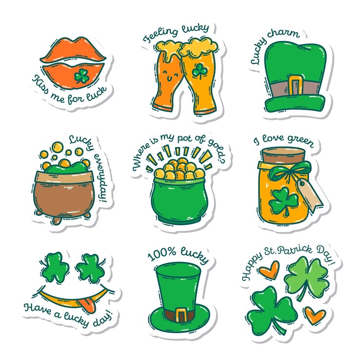 Vector colorida pegatina dibujada a mano con el estilo de garabato del día de san patricio con letras linda colección de elementos y símbolos festivos irlandeses