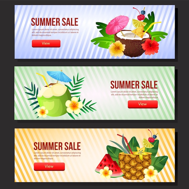 Colorida plantilla de banner de venta de verano web conjunto cóctel bebida vector ilustración