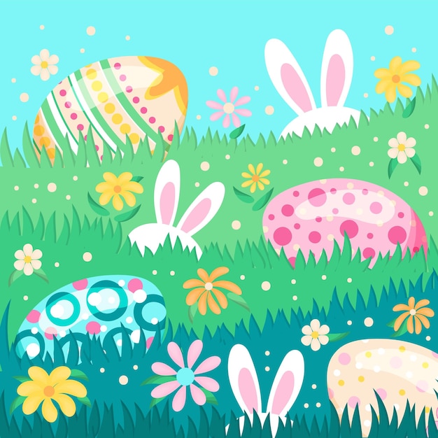 colorida plantilla de tarjeta de felicitación de huevo de pascua en el campo con flores y conejos