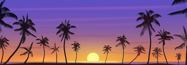 Colorida puesta de sol exótica en el océano tropical con paisajes panorámicos de palmeras