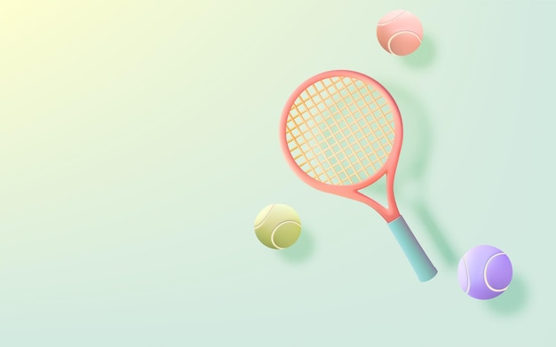 Colorida raqueta de tenis y bolas en fondo pastel para el concepto deportivo