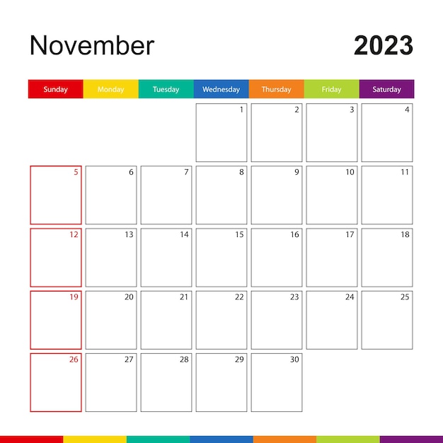 Vector la colorida semana del calendario de pared de noviembre de 2023 comienza el domingo